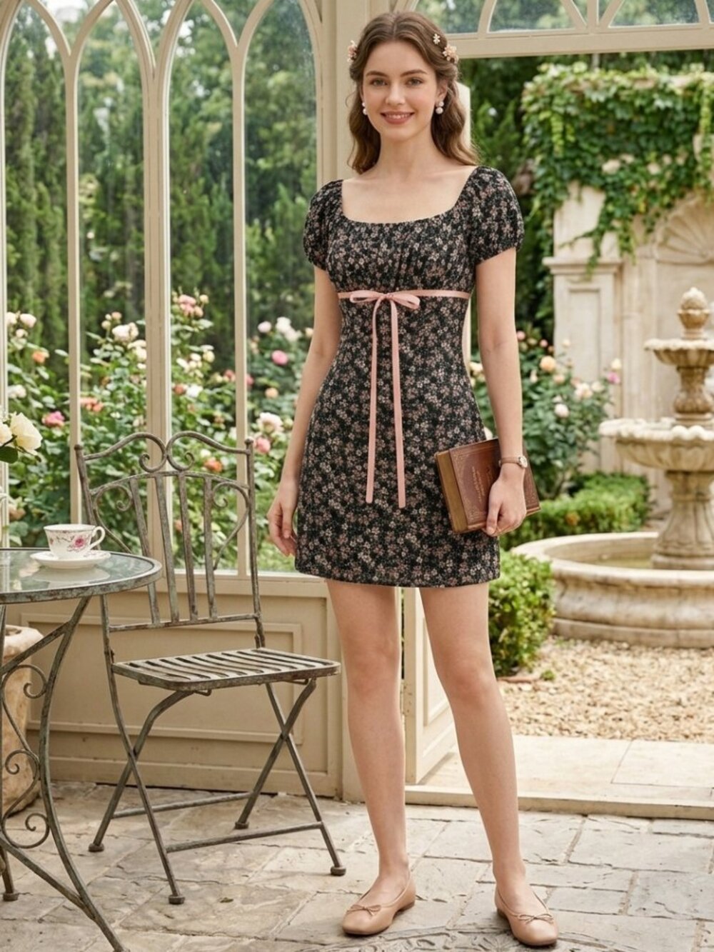 Ditsy Floral Mesh Milkmaid Mini Dress with Pink Ribbon Detail